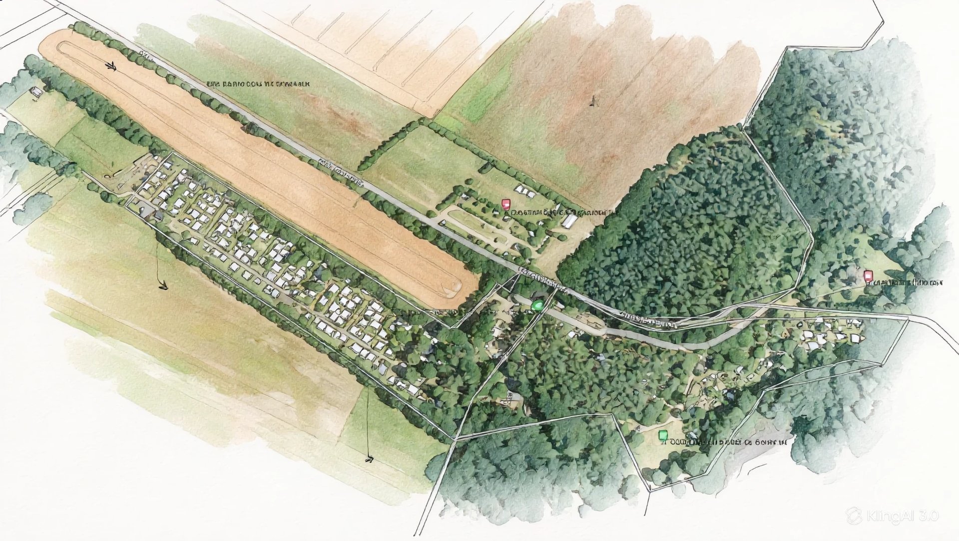Aquarell-Lageplan des Geländes am Gamensee – Luftansicht mit Campingplatz, Wald und Feldern