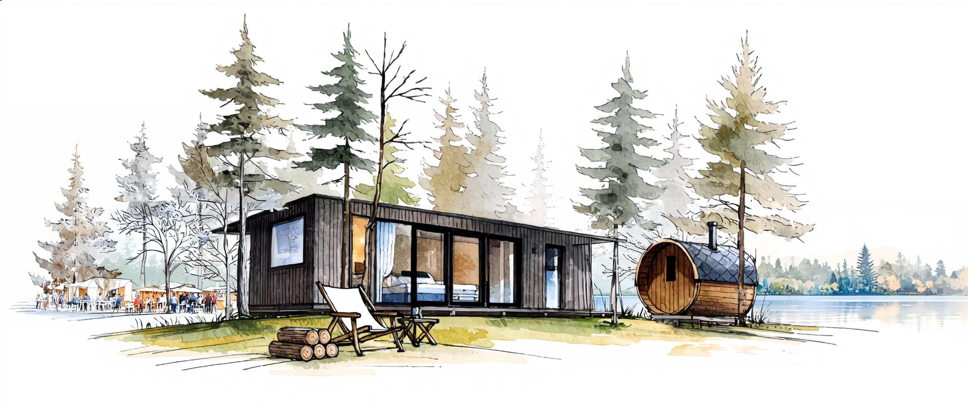 Aquarell-Skizze eines winterfesten Tiny House mit Fass-Sauna am See